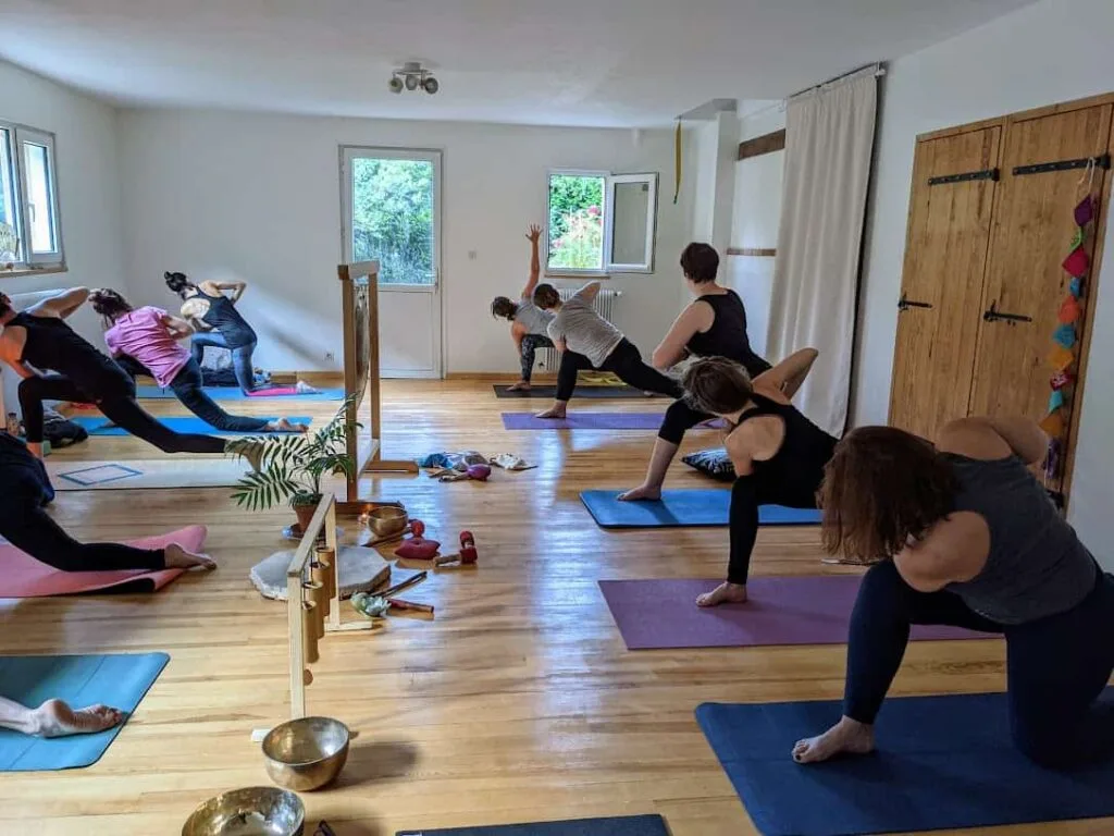 Retraite Yoga novembre 2024 "Vitalité et voyage intérieur" 5 parivritta parsvakonasana pendant retraite yoga novembre en Lozère