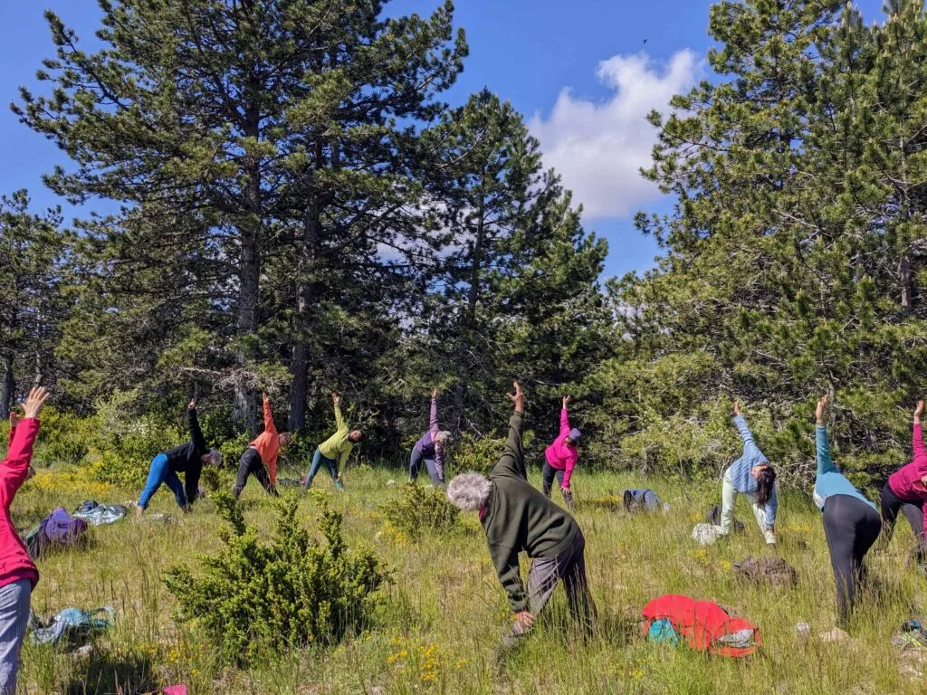 Séjour Yoga et randonnée (Retraite yoga Ascension) en Lozère 3 yoga nature yoga en extérieur matinée yoga en Lozère avec Olivia Charpentier posture de Trikonasana